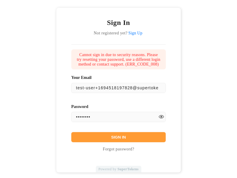 Pre-built UI screenshot showing error message for ERR_CODE_008.
